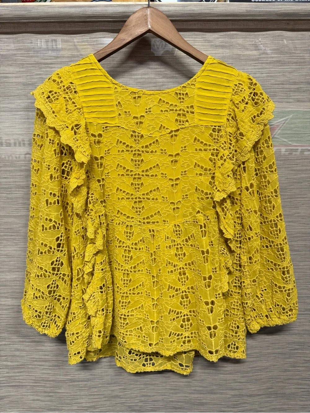 Anthropologie Clementine Yellow Lace Eyelet Ruffle Peasant Blouse Women’s 10